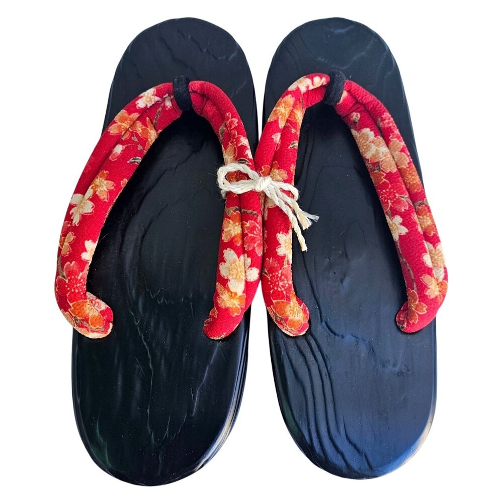 Japanese Geta Sandals Black Lacquer Red Floral Hanao S/M 6 to 7 Narrow - Picture 7 of 13